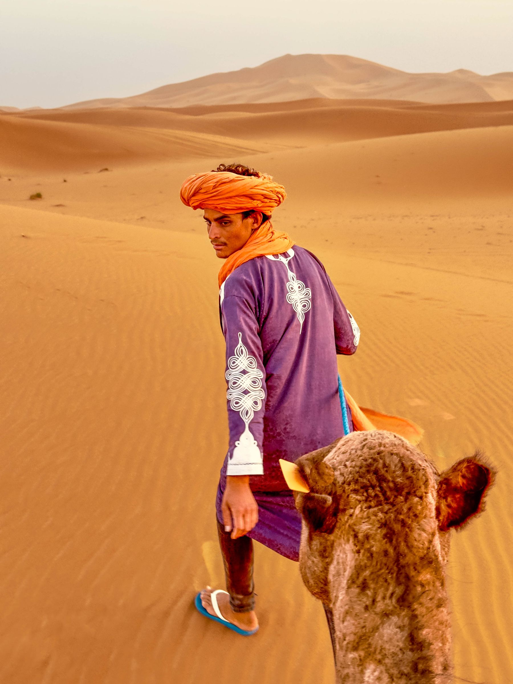 Man with Orange Turban Turns Camel